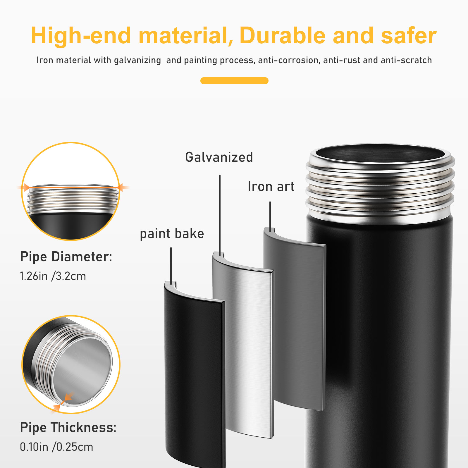 Stainless Steel Stair Corrimão para Indoor Stairway, Black Pipe, Wall Mount, Industrial Iron Loft, 110lbs Capacidade de carga, 2m