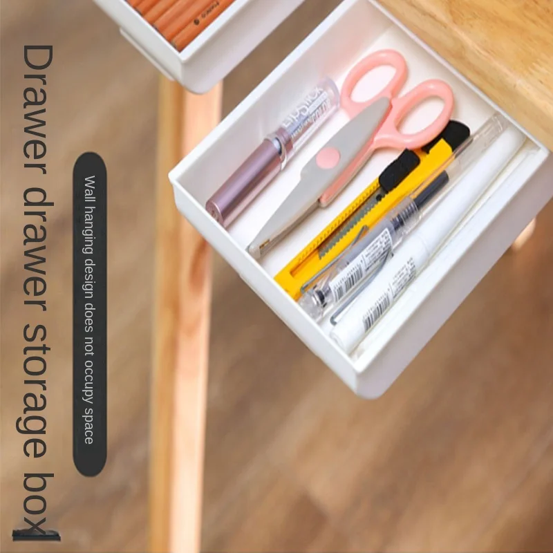 1pc White SelfAdhesive Storage Drawer Box Makeup Pencil Tray Desk Hidden Under Desk Stand Self-adhesive Under-drawer Storage Box
