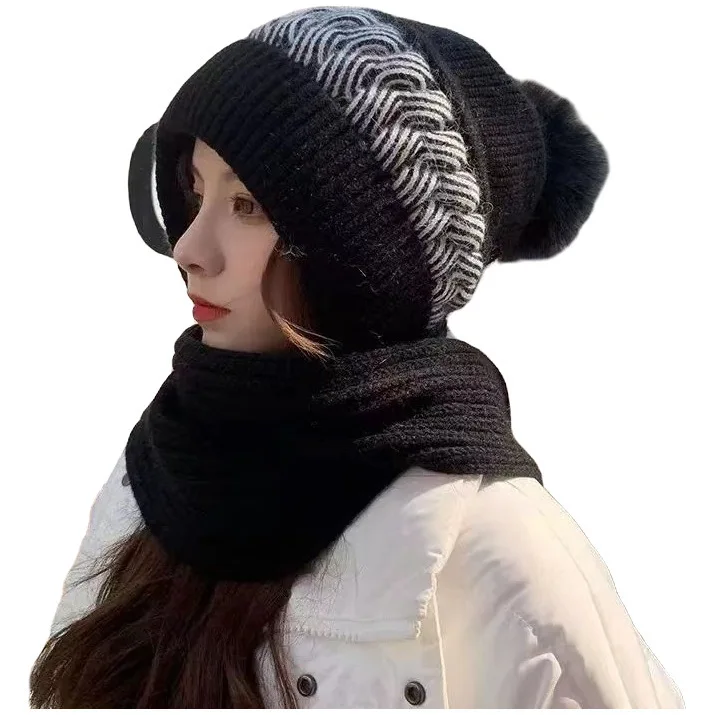 Cappello di lana da donna, versatile in autunno e inverno, versione coreana, cappello lavorato a maglia moderno e caldo con velluto spesso e sciarpa, uno-