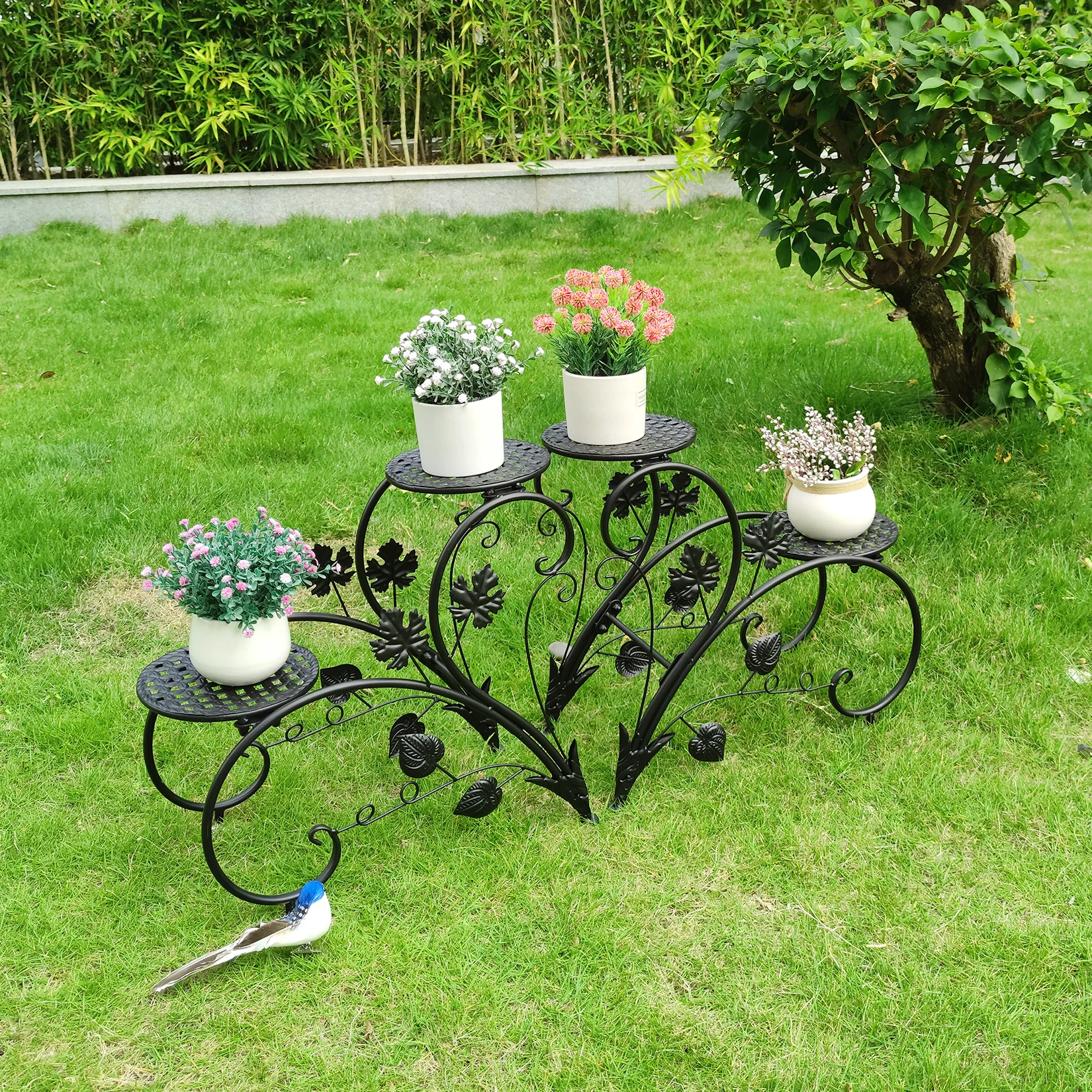 2 supporti per piante in metallo antiruggine, 4 espositori per fiori in vaso, per giardino, balcone, ufficio, bianco e nero