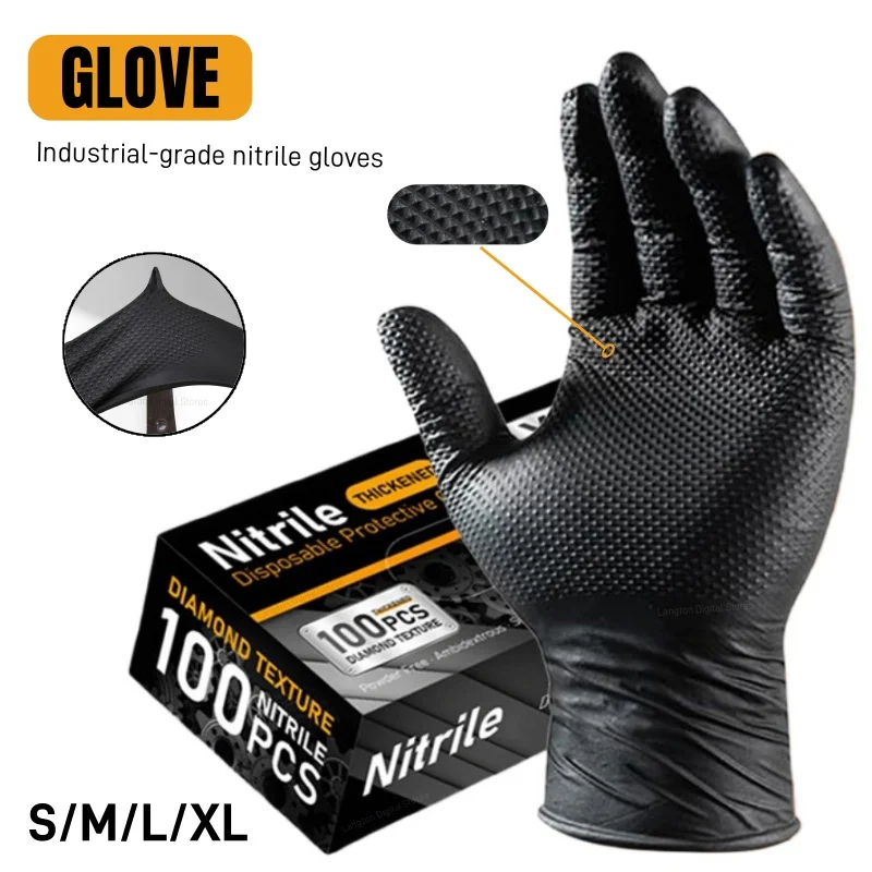 10-50Pcs Multi-purpose Black Nitrile Glove Industrial Disposable Non-slip Glove With Diamond Textured Grip Mechanic Work Glove