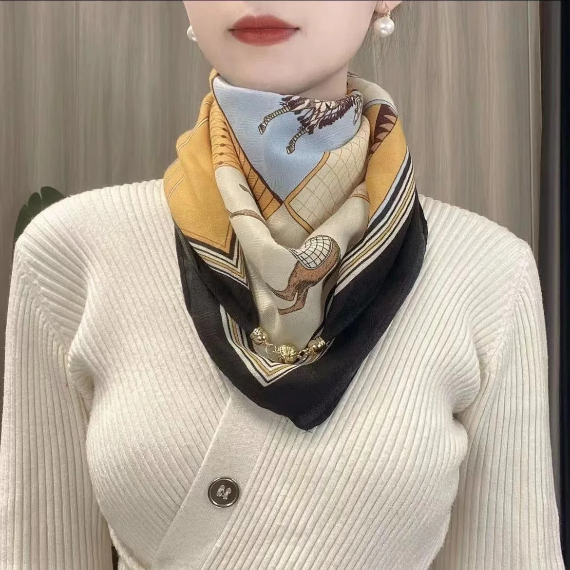 Nueva bufanda cuadrada cálida, bufanda triangular con botones magnéticos, bufanda de algodón para mujer, primavera, otoño e invierno, estilo occidental, estilo de cuello Ve