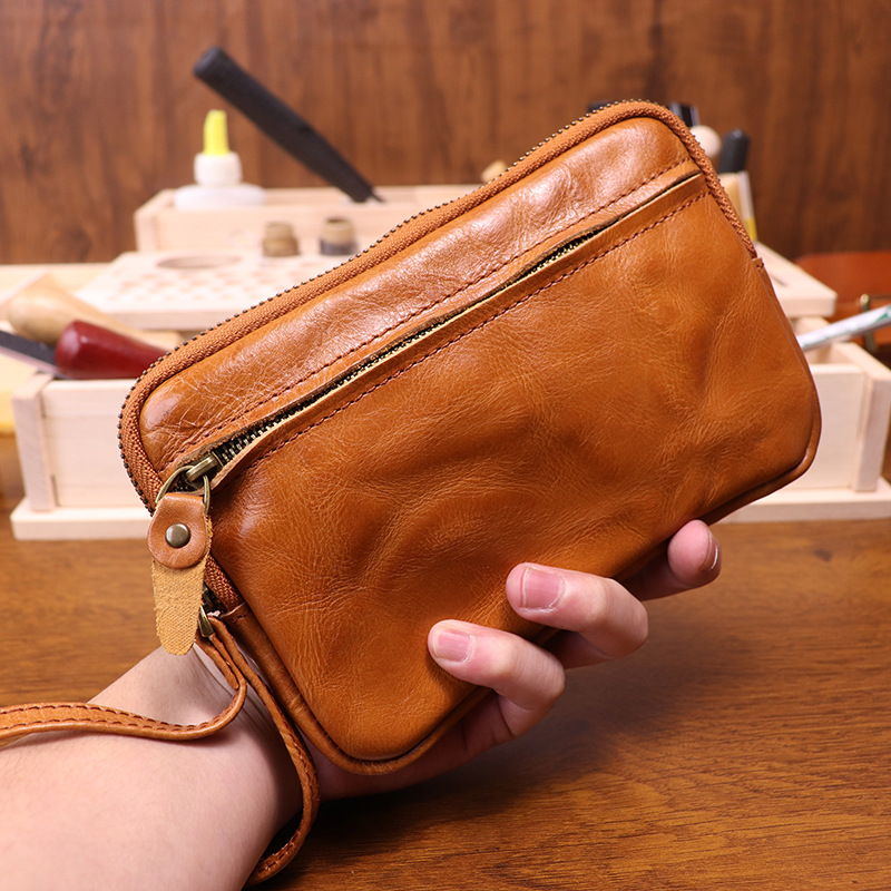 Monedero de cuero curtido vegetal con cremallera, billetera de piel de vaca cero, tarjetero de gran capacidad, bolsa de almacenamiento de llaves de cuero de vaca, bolsos de mano, billetera