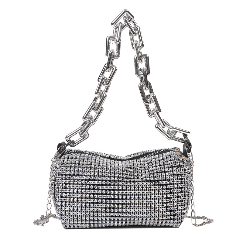 Allover Rhinestone Bucket Bag, brokatowa torebka na studniówkę z łańcuszkiem, damska mini torba na ramię (6,3*3,54) cala