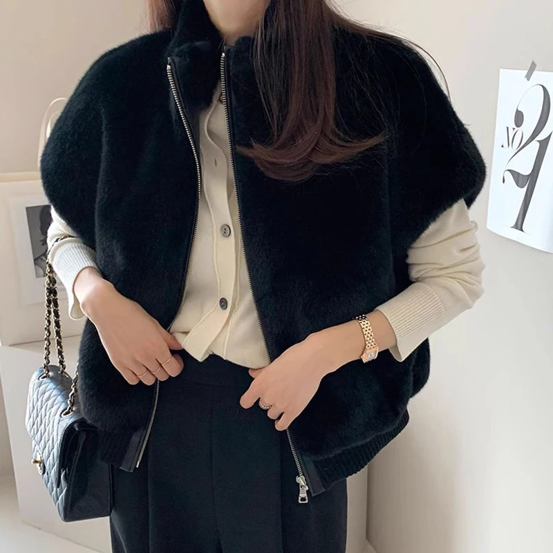 Colete de Pele Sintética Vintage Simples com Gola Alta para Outono e Inverno, Estilo Versátil com Zíper para Mulheres