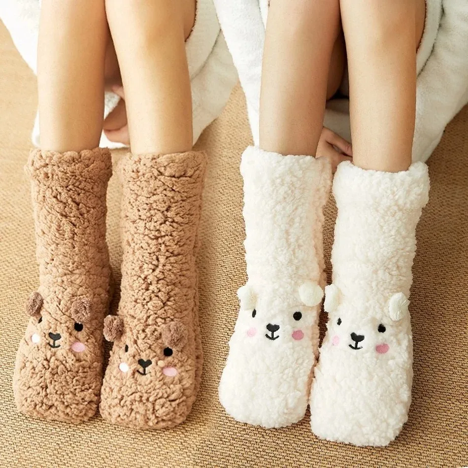 Women's Warm Solid Color Floor Socks Non Slip Plush Knitted Coral Fleece Socks No Show Socks