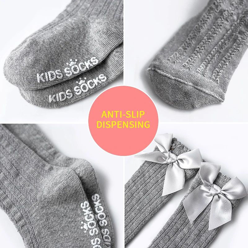 Calcetines transpirables para niñas pequeñas, bonitos calcetines hasta la rodilla con lazo, calcetines de tubo para niños, lazos de moda, calcetines de Color sólido para niños