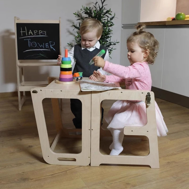 XIHATOY เด็กห้องครัวสตูลเด็กเก้าอี้สูงเด็กวัยหัดเดินไม้พับ Learning Tower พร้อมกระดานดํา
