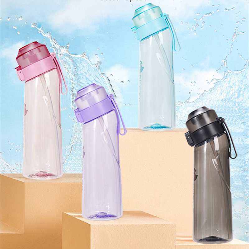 Botella de agua con sabor a aire LUSQI con 7 cápsulas de sabor, taza de plástico Tritan con pajita de moda deportiva adecuada para deportes al aire libre y Fitness