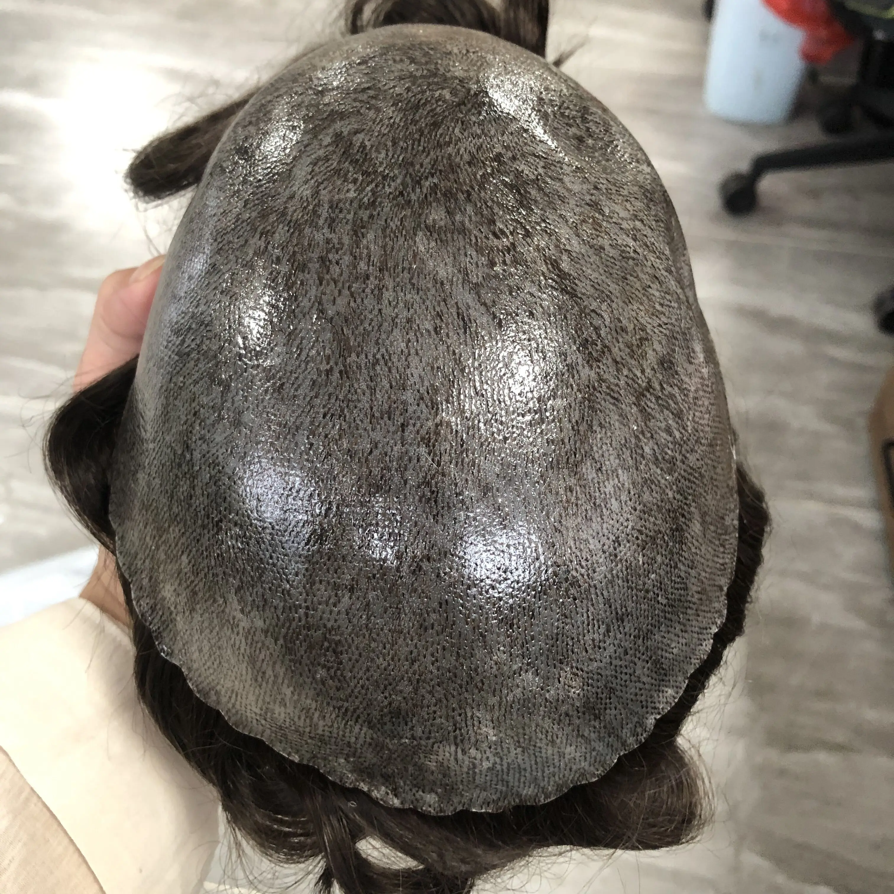 1B40 1B65 สีเทามนุษย์ผมผู้ชาย Toupee ตรวจไม่พบ 0.1 มม.ฐาน PU Man วิกผมเปลี่ยนเส้นผมธรรมชาติผม Prosthesis Capillary