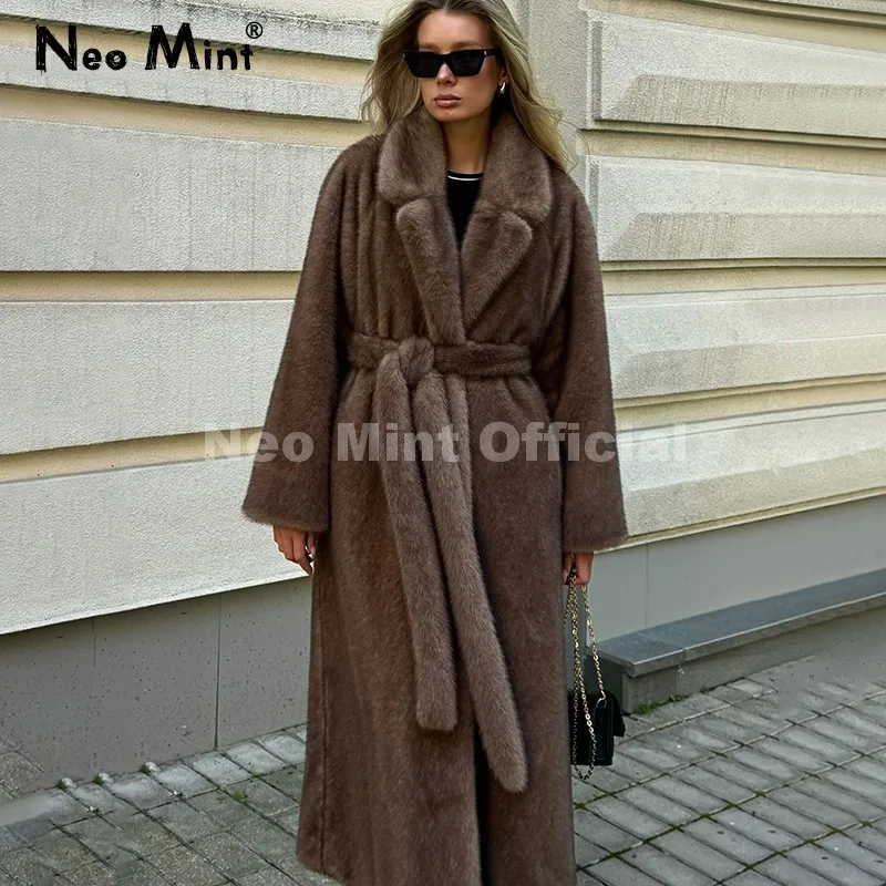 Neo mint com cinto falso casaco de pele de vison feminino 2025 inverno bege gradiente jaqueta de pele peluda marca de luxo com capuz quente outerwear casaco