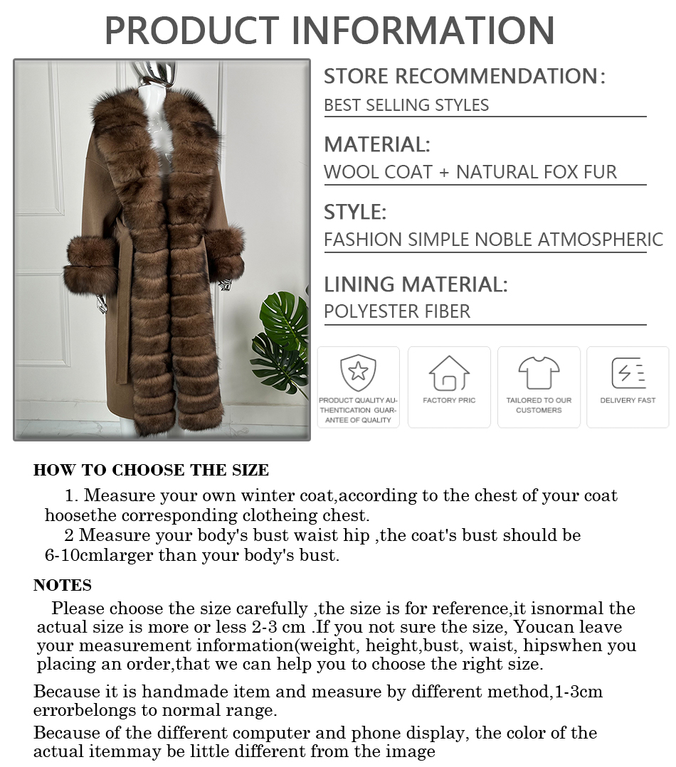 Luxury Wool Trench Coats Long Wool Coat With Fox Fur Trim Winter Warm Cashmere Coat Women