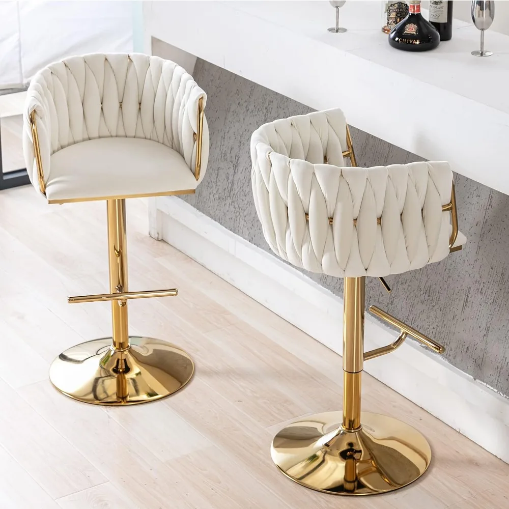 Modern Swivel Bar Stools Set of 2, Velvet Adjustable Height Barstool with Barrel Back Kitchen Island Counter Bar Chair with Gol