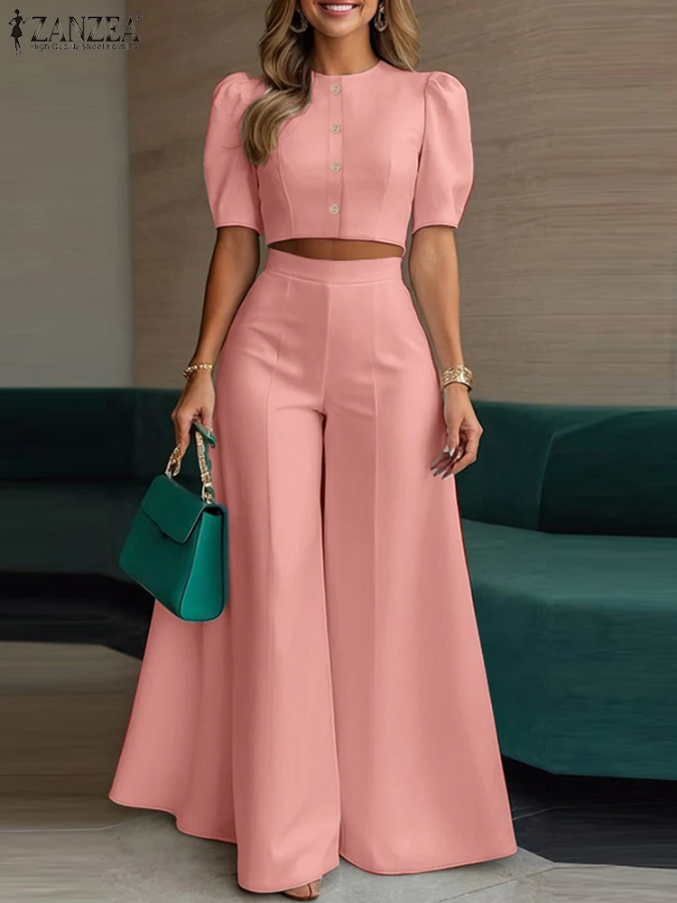 ZANZEA Street Fashion Frau 2 Stück Sets Stilvolle Kurze Puff Sleeve Crop Tops Breite Bein Hosen 2PCS Outfit elegante Büro Hose Sets