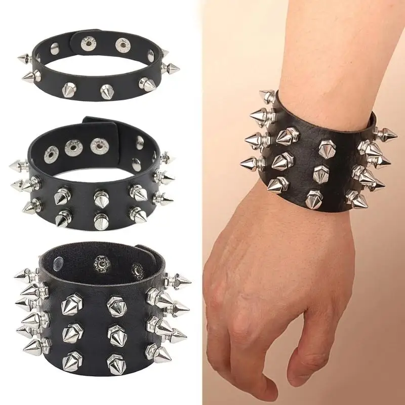 Bracciale punk per uomo donna - Polsino gotico in pelle nera con borchie in metallo - Bracciale rigido con rivetti a punta regolabile