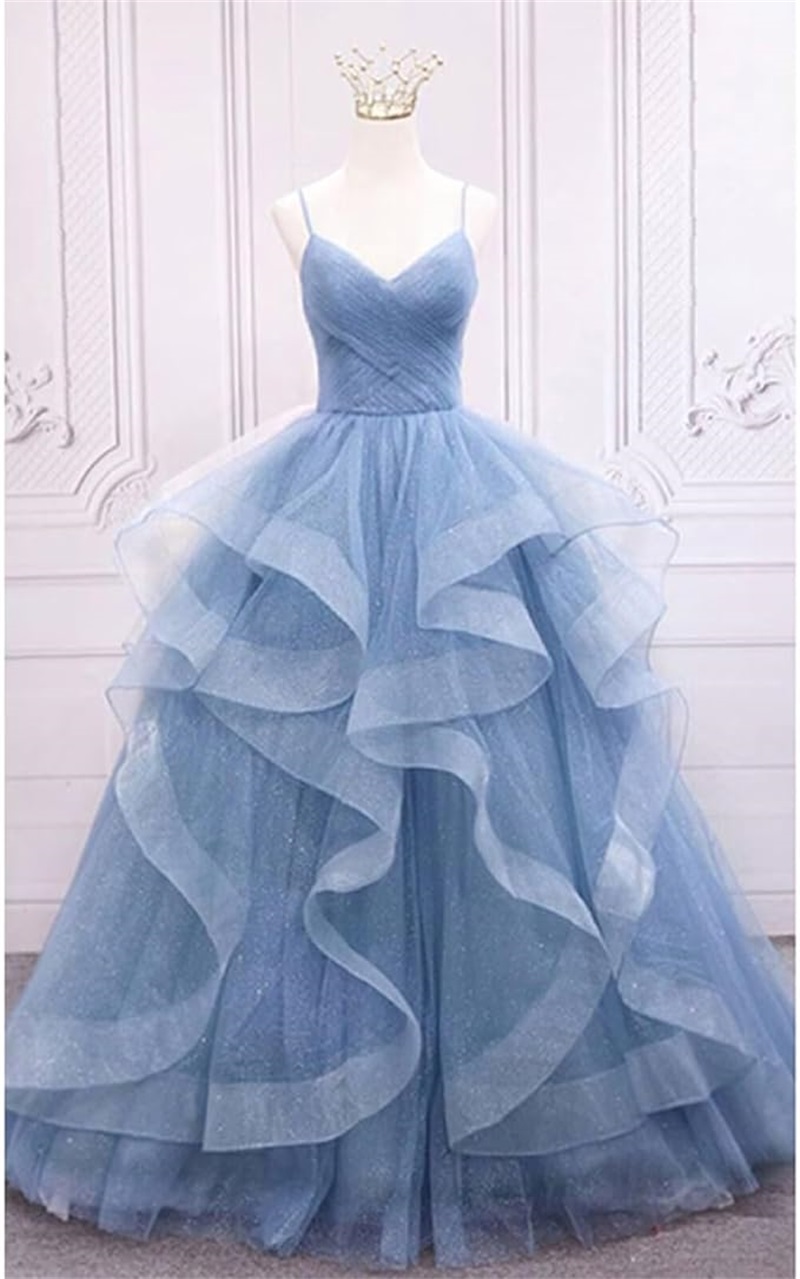 Aangepaste glitter tule galajurken spaghettibandjes baljurken voor dames gezwollen gelaagde formele avondfeestjurk