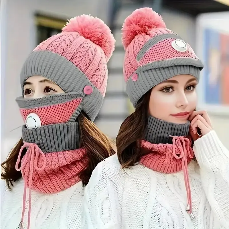 Cappello da ciclismo moda invernale, protezione per le orecchie, cappello di lana, maschera, sciarpa, maglia alla moda, valvola di respirazione calda