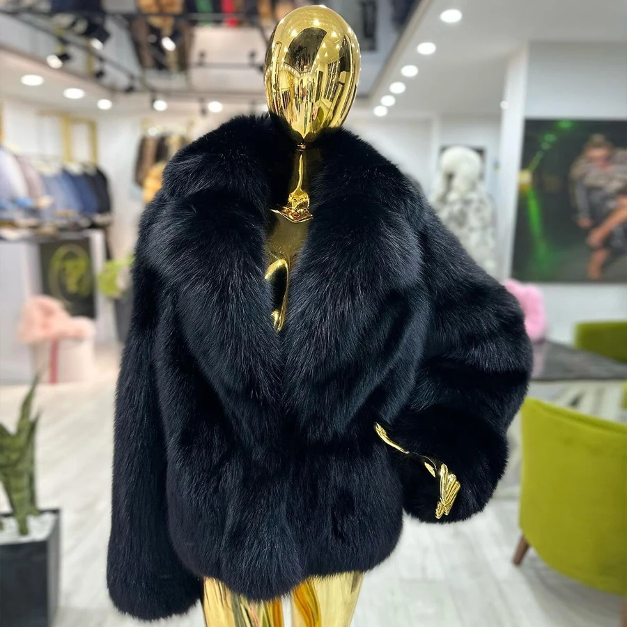 Neue Fuchs pelz jacken für Frauen Natur fuchs pelzmantel mit Turndown-Kragen schwarze Pelz jacke für Frauen