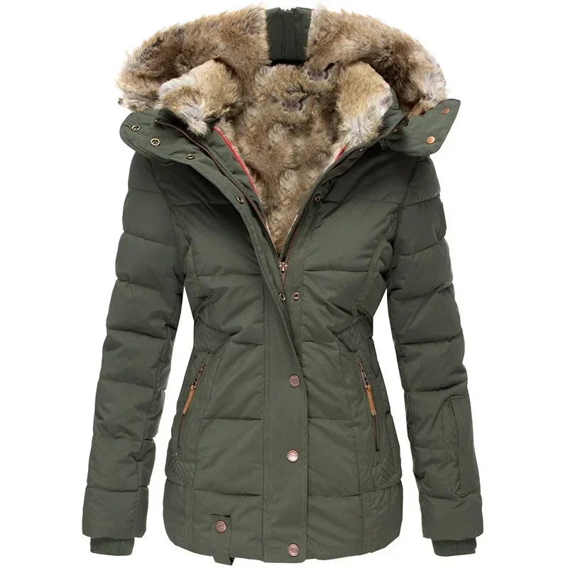 Abrigo de algodón con cuello de lana cálido de invierno Abrigo de algodón con capucha ajustado de manga larga con cremallera para mujer