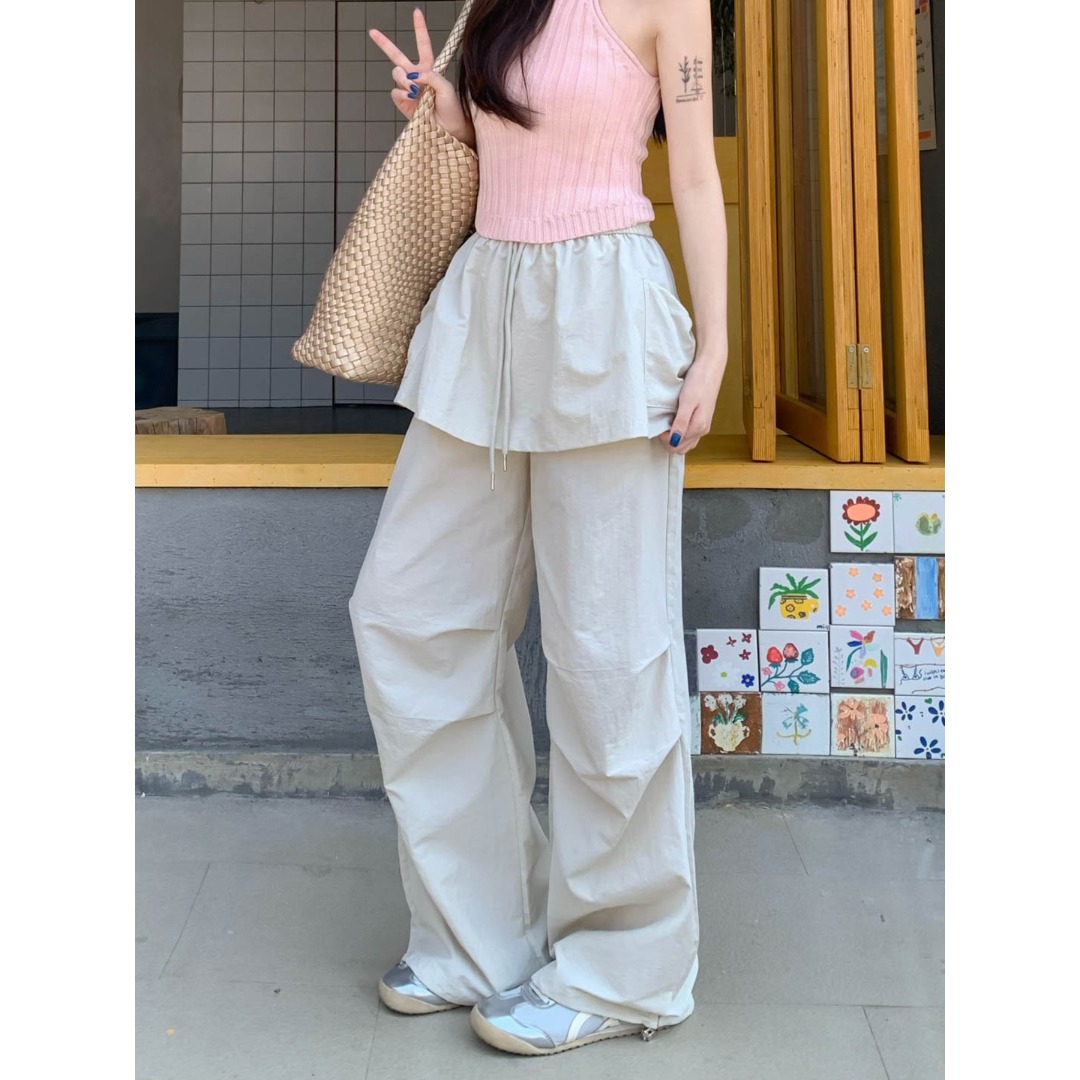 High Waist Wide Leg Casual Pants Retro Fake Two-Piece Versatile High Waist Casual Pants for Women Polyester Fiber 00%