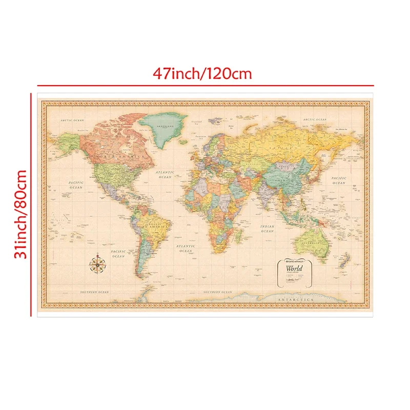 120*80cm 레트로 영어 세계지도 벽 아트 포스터 및 인쇄 부직포 캔버스 회화 거실 홈 장식 학교 용품