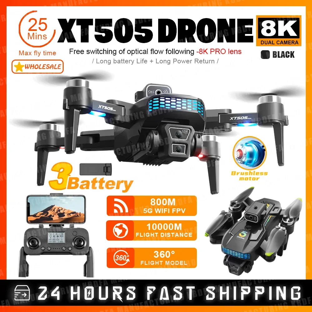Câmera dupla profissional Drone, GPS, 5G, WiFi, FPV, Fluxo óptico 360 °, Prevenção de obstáculos, Motor sem escova, Quadcopter dobrável, XT505, 8K