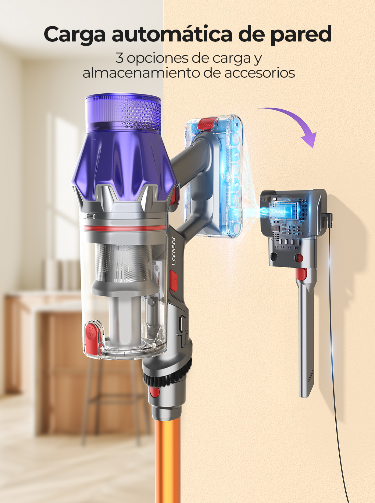 Laresar V7 500W 50000PA aspiradora sin cable Aspiradora inalámbrica de potencia de succión electrodoméstico inteligente de mano taza de polvo con batería extraíble