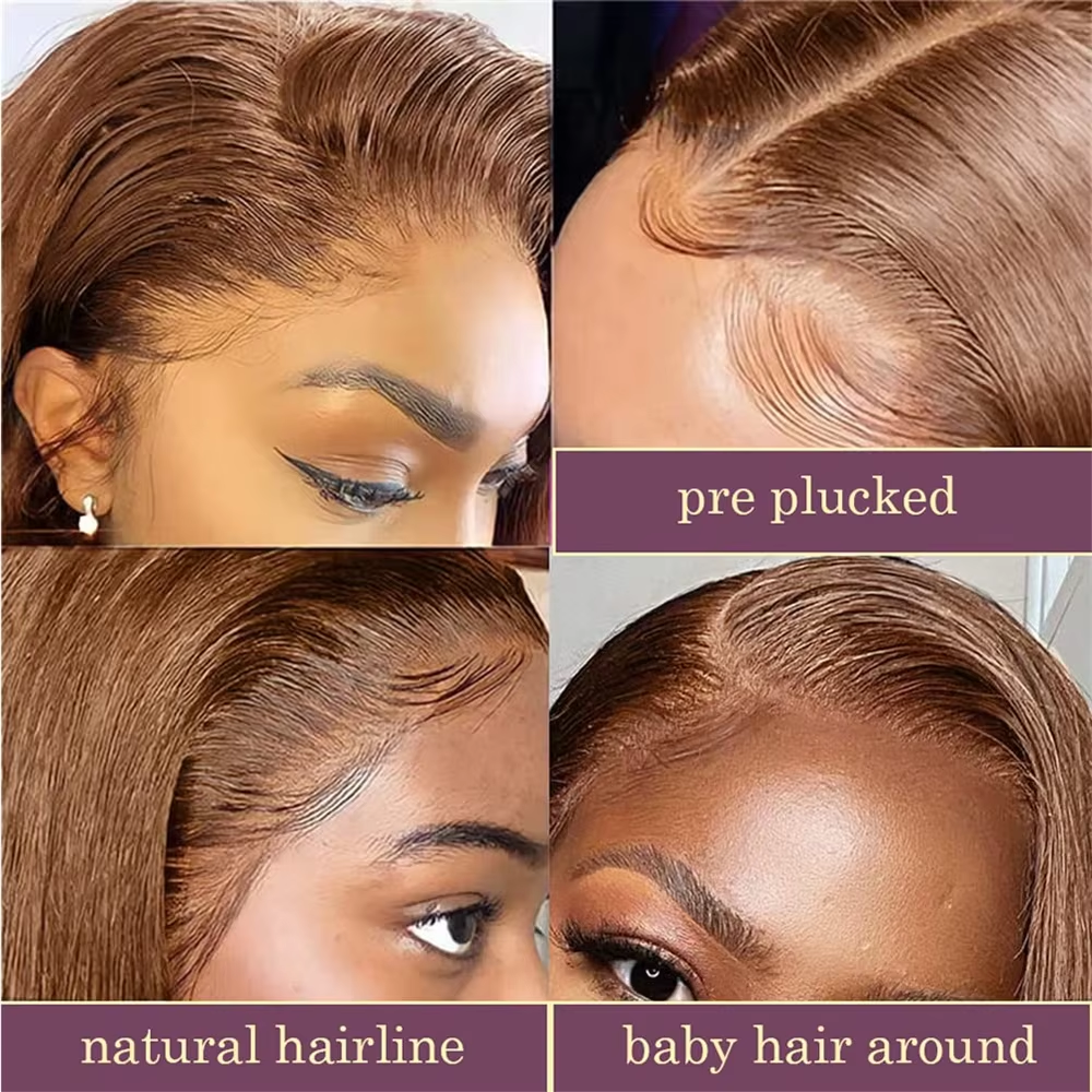 Dentelle transparente frontale complète 13x4 HD de densité 220 # 4 perruques de cheveux humains de perruque courte droite brun chocolat perruque pré plumée