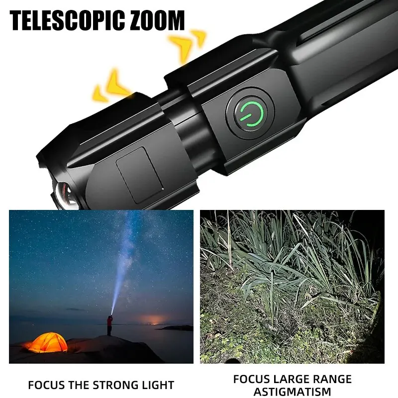강력한 LED 손전등 100000   루멘 전술 손전등 충전식 USB 18650 방수 줌 낚시 사냥 LED 손전등