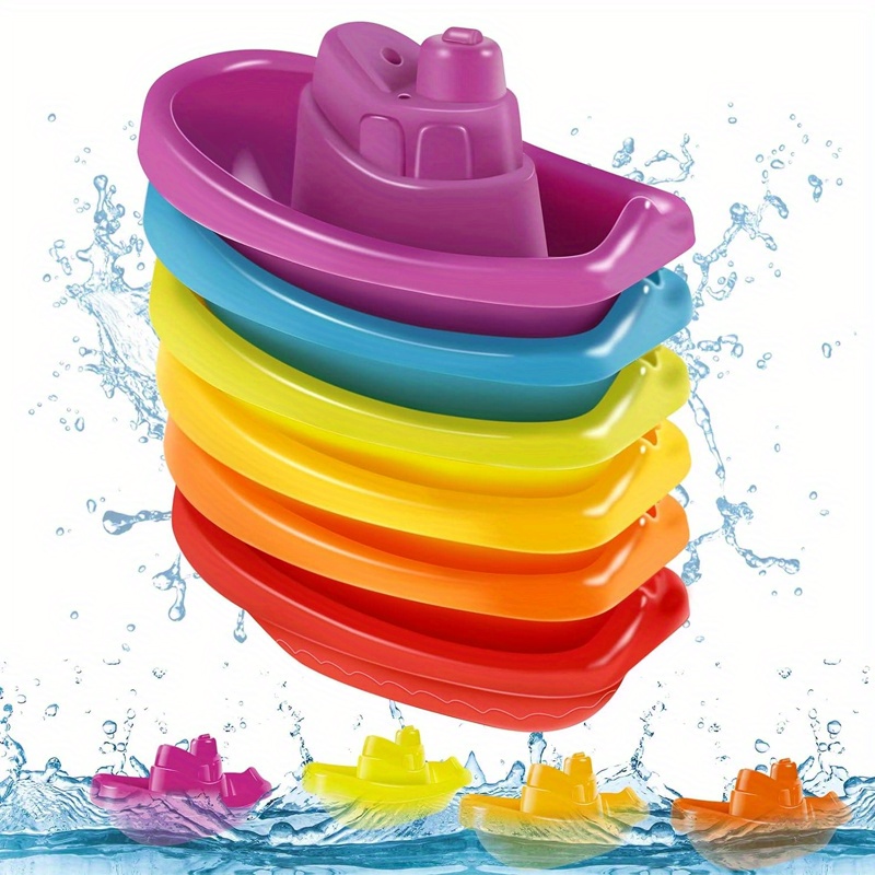 Bath Toys Floating Boats with Bathing Spoon Durable Educational Plastic Stacking Boat for Baby Water Table Toys Birthday Gift