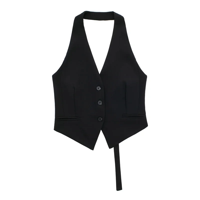 MUJER Schulterfreie ärmellose Weste für Damen, Schwarz, Weiß, abgeschnittene Weste, Damenmode, rückenfrei, V-Ausschnitt, kurze Mäntel, Sommerweste