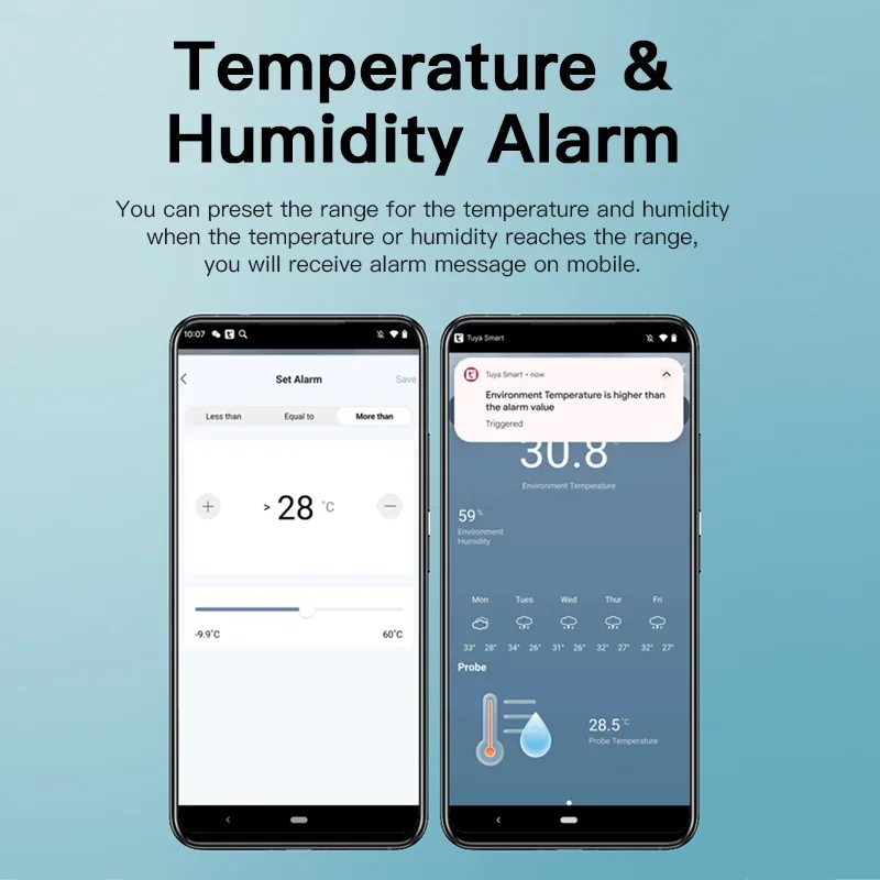 Sensor de temperatura y humedad WiFi Tuya con sonda externa para higrómetro doméstico inteligente, monitoreo por aplicación para plantas, acuario, bodega