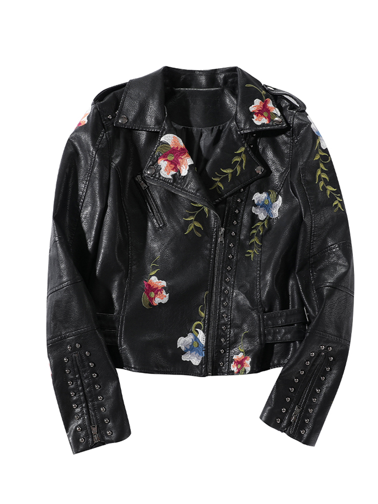 Ftlzz nova primavera outono feminino motociclista jaqueta de couro floral impressão bordado jaqueta de couro do plutônio turn-down colarinho jaqueta com zíper