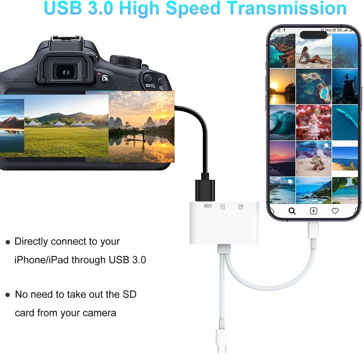 5-in-1 USB 3.0  Lightning Type C SD TF Card Reader Adapter for iPhone iPad MacBook Samsung Android Cameras Other Devices