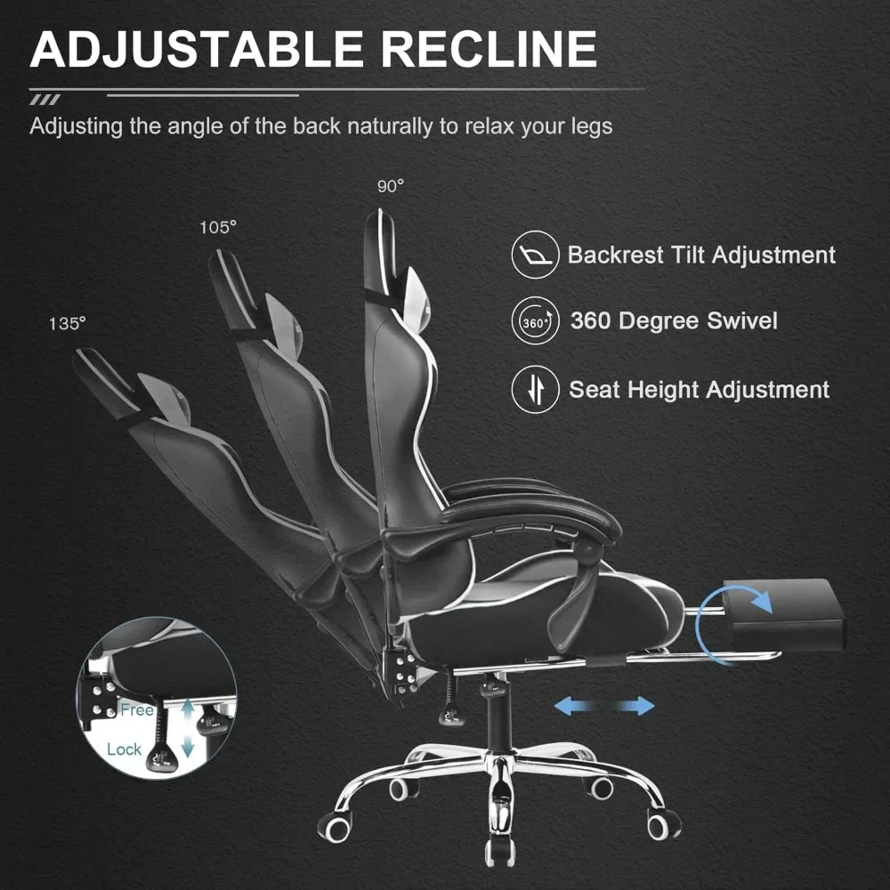 GTPLAYER Gaming Chair, Computer Chair with Footrest and Lumbar Support, Height Adjustable Game Chair with 360°-Swivel Seat