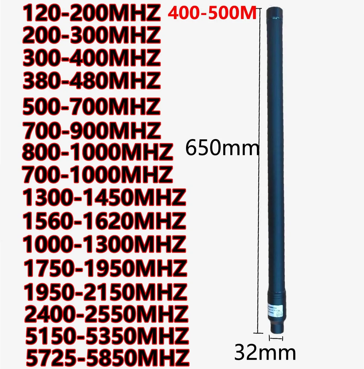 Antena omnidireccional de fibra de vidrio 120-200MHZ200-300MHZ300-400MHZ380-480M500-700M700-900M800-1000M1000-1300M1.5G1.8G2.4G5.2G5.8G