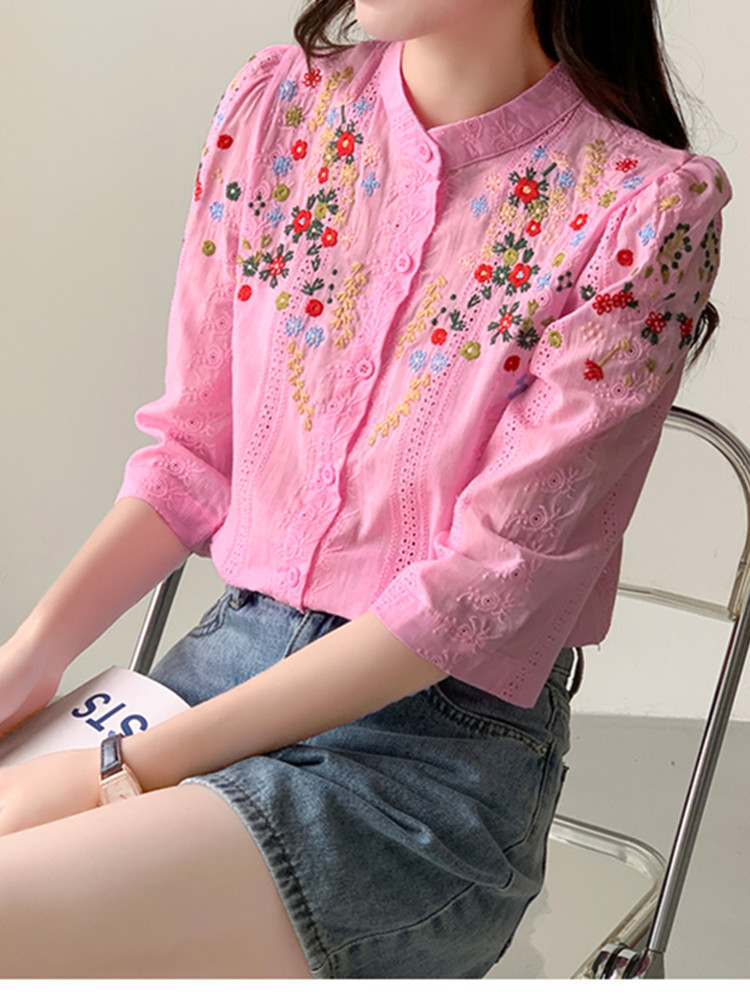 Smthma-女性のための花のジャカードシャツ,新しい,ヴィンテージスタイル,カジュアルでロマンチック,多用途スタンドカラー,夏
