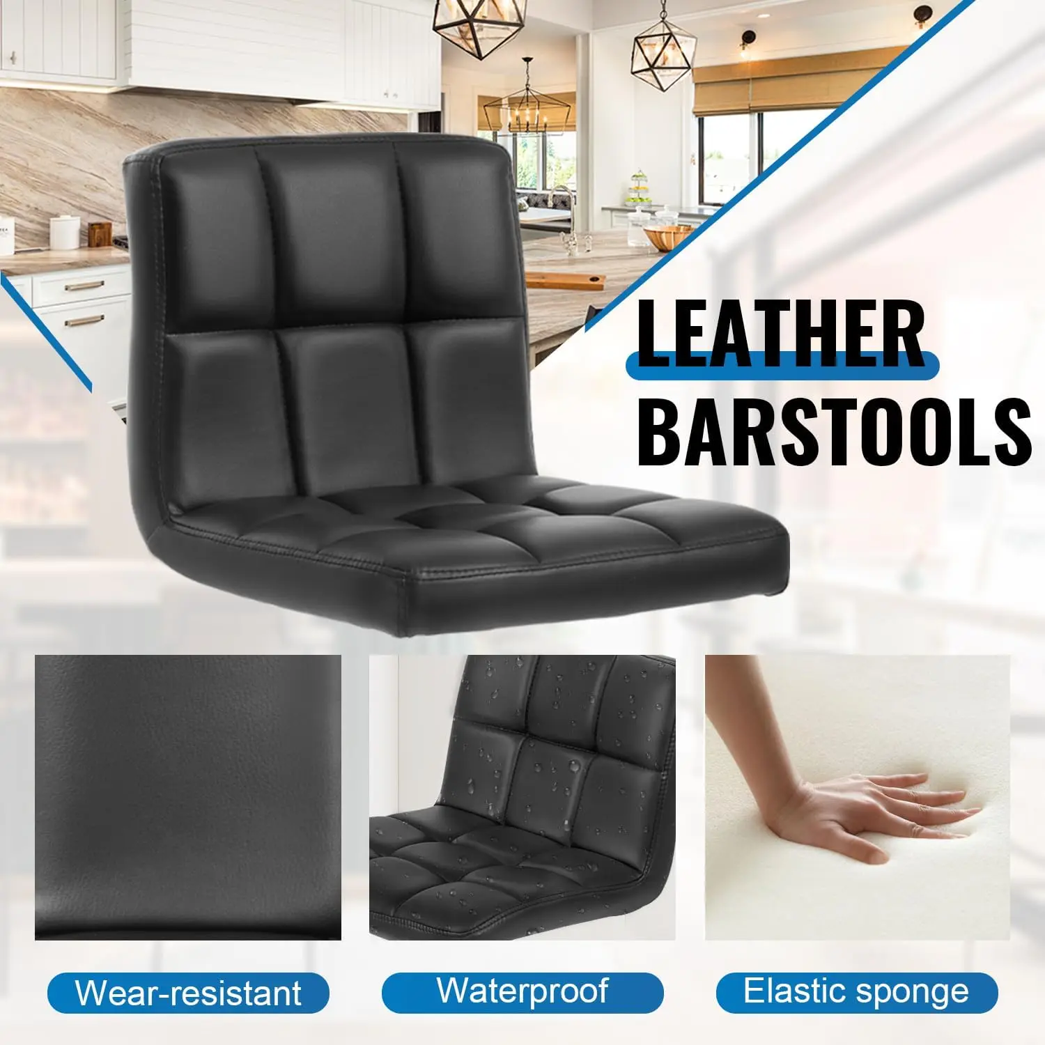 Bar Stools Set of 2, Counter Height Bar Stools with Back PU Leather Armless Hydraulic Kitchen Counter Bar Stool (Black)