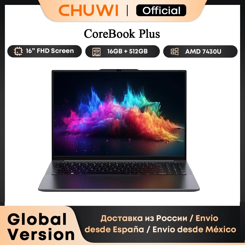 Ноутбук CHUWI CoreBook Plus, 16-дюймовый FHD-экран R5-7430U, 6 ядер, игровой ноутбук, 16 ГБ ОЗУ, 512 ГБ SSD, металлический корпус, ноутбук с кулером