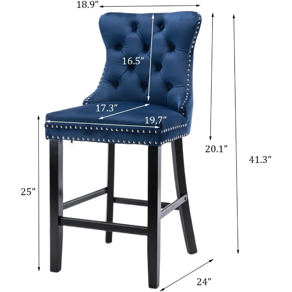 Modern Velvet Upholstered Bar Stools Set of 4 with Wood Legs, Button Tufted,Chrome Nailhead, Counterstool Seat, Armless