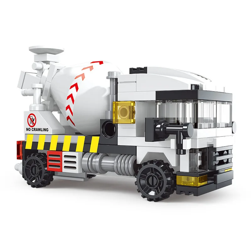 Novo misturador de cimento de engenharia pesada, motor de incêndio, mini carregador, caminhão, carro de polícia, modelo clássico, conjuntos de blocos de construção, tijolos, brinquedo, cidade