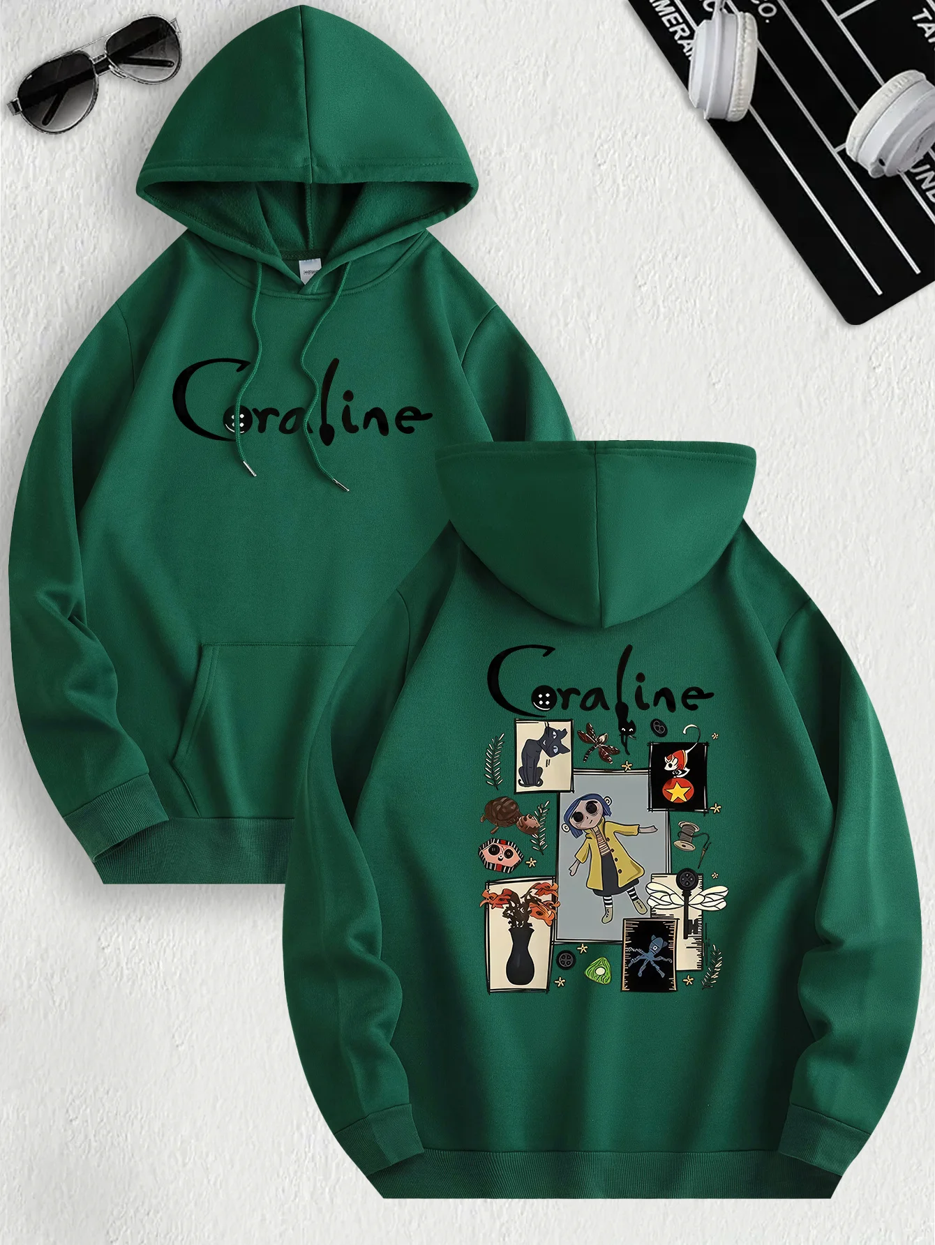 Moletom casual inspirado em Coraline para mulheres, tecido de malha de poliéster, manga comprida, ajuste regular, pulôver com capuz e leve elasticidade
