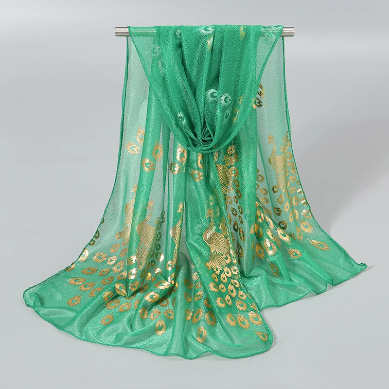 Feminino glitter fino silenciador cor sólida elegante hijab cachecol chiffon longo cachecóis ouro pavão impressão envoltório xale georgette cachecol