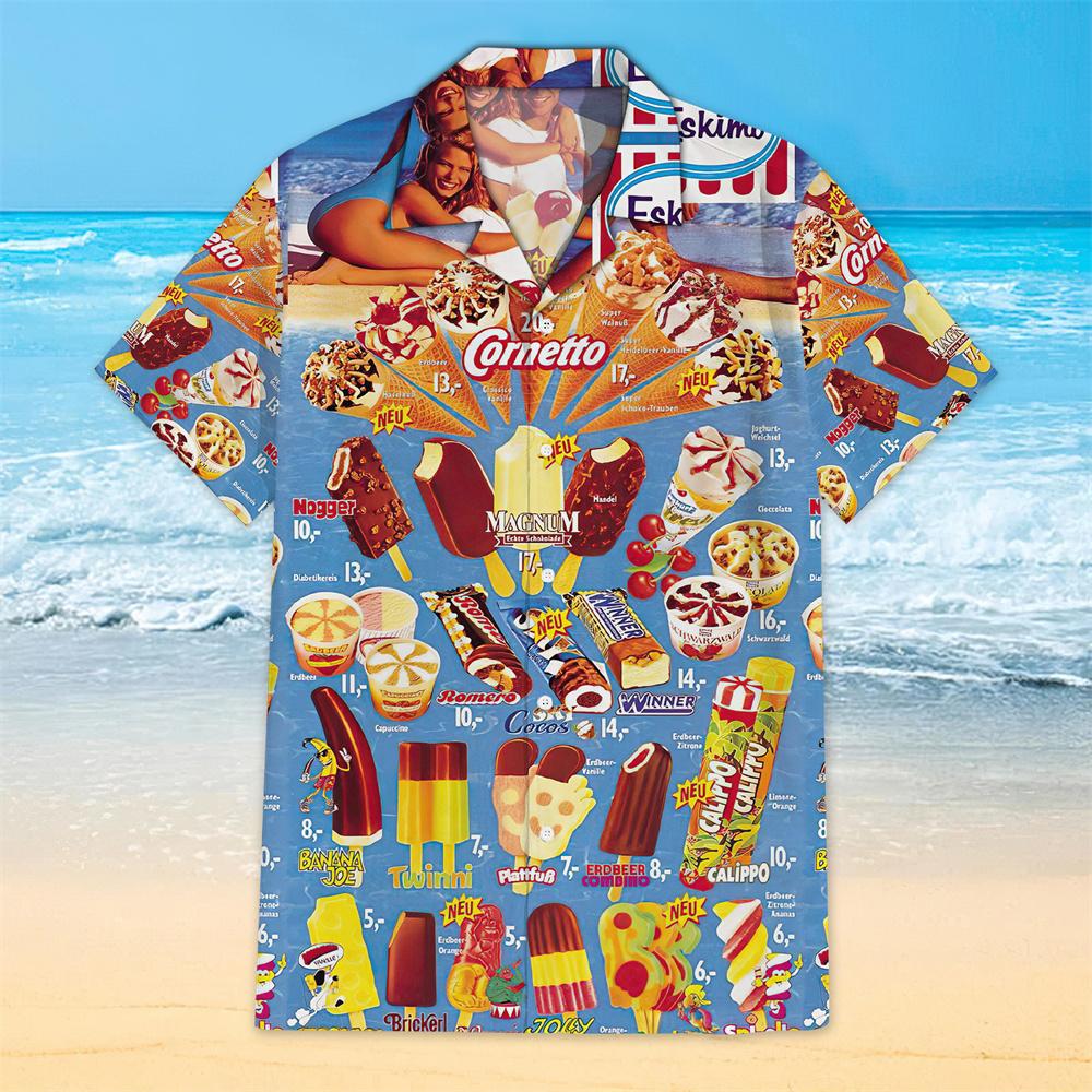 เสื้อฮาวายพิมพ์ลาย3D ลายไอศกรีมแขนลำลองขาสั้นเสื้อเชิ้ตผู้ชายฤดูร้อนเสื้อสเปนขนาดใหญ่สำหรับทริปชายหาด