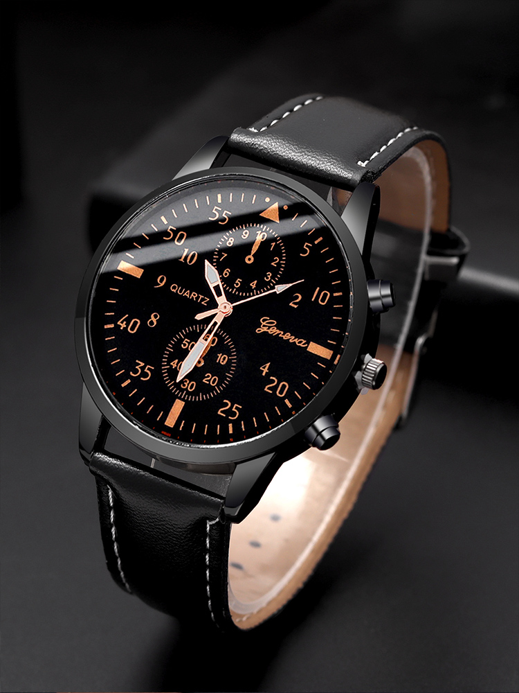 นาฬิกาควอทซ์สายคาดผู้ชายแบบลำลองธุรกิจแฟชั่น4ชิ้นพร้อมชุดสายข้อมือถัก PU