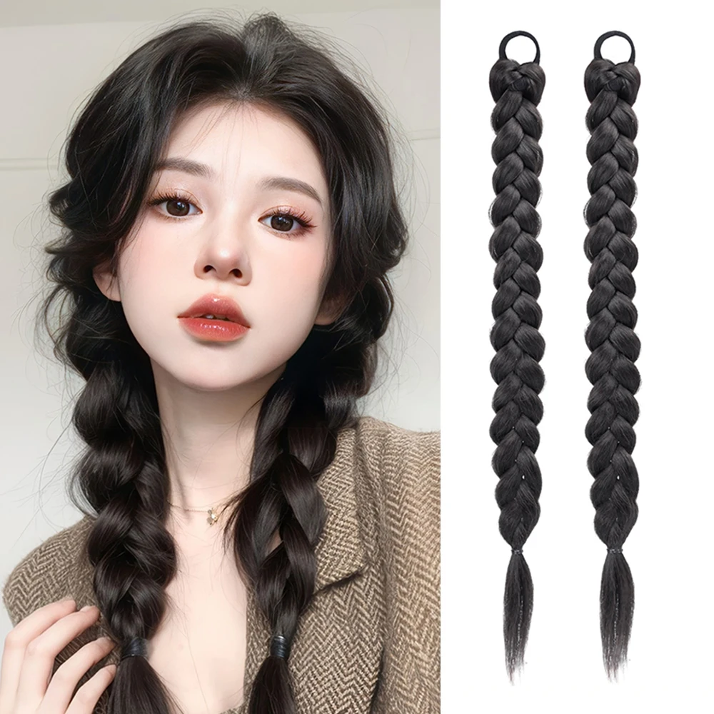 合成繊維ポニーテール,女性用,ヘアエクステンション,黒と茶色,高温繊維