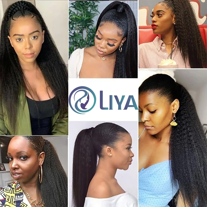Extensões retas kinky do cabelo humano envolvem o rabo de cavalo do cordão com grampos Yaki em linha reta # Grampo 1B em extensões de cabelo virgem