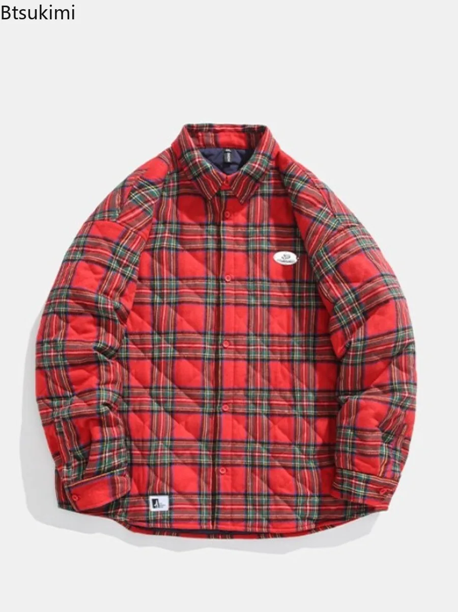 2025, Herren-Parkas im koreanischen Stil, Winter, Vintage, dick, kariert, Knöpfe, modischer männlicher Mantel, gesticktes Logo, Paar, mit Baumwolle gefütterte Jacke