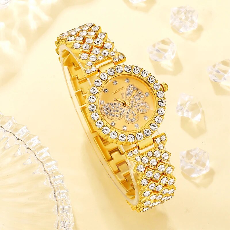 Women Butterfly Dial Watch Design de marca Relógio feminino Relógio pulseira de aço quartzo moda luxo Set com diamantes