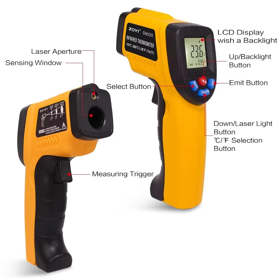 -50~600°C High Precision Digital Infrared Thermometer Laser Temperature Meter Non-contact Pyrometer Gun IR Sensor Termometro